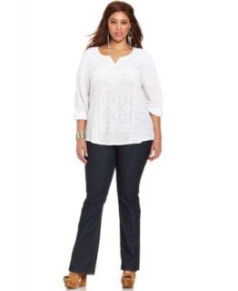 Lucky Brand Plus Size Three Quarter Sleeve Embroidered Top & Ginger Capri Jeans   Plus Sizes
