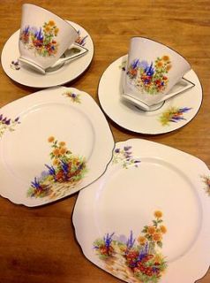 vintage tea cup, saucer and plate deco trio by once upon a tea cup