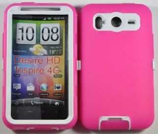 Hard Plastic Snap on Cover Fits HTC Inspire 4G Desire HD Armor Hot Pink White Hybrid Case (Outside Hot Pink Soft Silicone Skin, Inside White Front and Back Hard Case) AT&T Cell Phones & Accessories