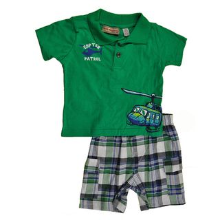 Kids Headquarters Infant Boys' Helicopter 2 piece Polo and Plaid Short Set in Green Boys' Matching Sets