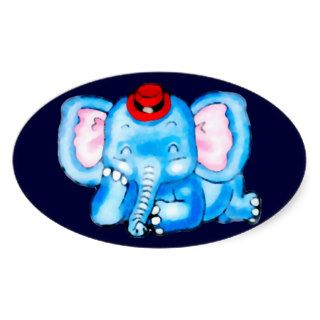 Blue Elephant with Red Hat Cartoon Oval Sticker