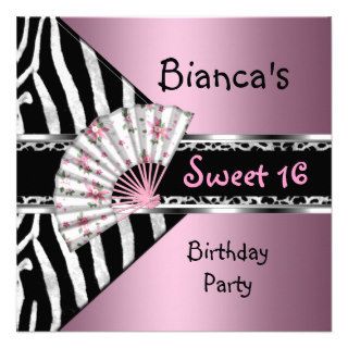 Sweet Sixteen 16 Pink Fan Black Zebra Leopard Custom Invites
