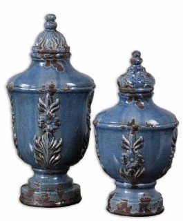 Uttermost 19506 Eilam Decorative Bottle Canister in Distressed Crackled Pale Blue   Ceramic  