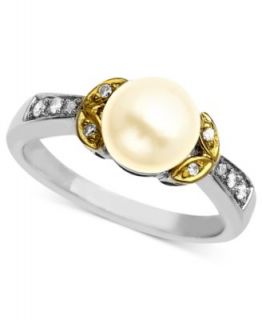 14k Gold and Sterling Silver Ring, Cultured Freshwater Pearl (10mm) and Diamond Accent Scroll Ring   Rings   Jewelry & Watches
