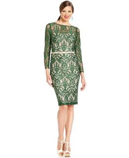 Maggy London Dress, Long Sleeve Illusion Lace Belted   Dresses   Women