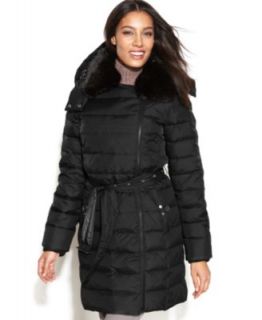 DKNY Coat, Faux Fur Trim Hooded Belted Puffer   Coats   Women