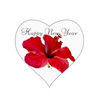 Happy New Year Red Hibiscus Heart Stickers