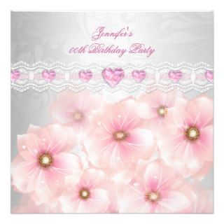 Birthday Party White Pink Flower Heart Jewel Custom Invitation