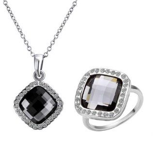 Alloy Gold Plated Black Rhinestone Crystal Silver Color Necklace and Ring Jewelry Sets Jewelry