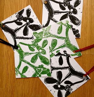 handprinted mistletoe set of three tags by samphire arts