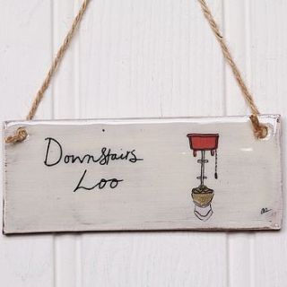 handmade 'downstairs loo' earthenware sign by alice shields ceramics