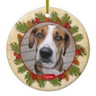 Pet Dog Memorial Pine Boughs Holly Photo Christmas Ornaments