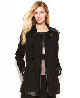 INC International Concepts Petite Coat, Double Breasted Faux Leather Trim Pea Coat   Jackets & Blazers   Women