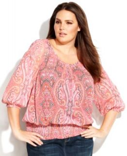 INC International Concepts Plus Size Short Sleeve Printed Peasant Top   Tops   Plus Sizes