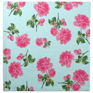 Pretty Pink roses pattern on blue cloth napkins