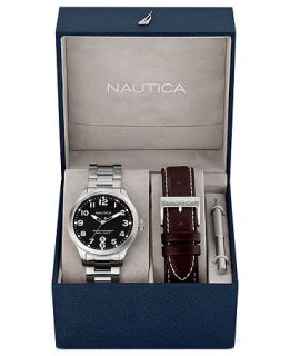 Nautica Watch Set, Mens Interchangeable Stainless Steel Bracelet and Brown Leather Strap 44mm N15599G   Watches   Jewelry & Watches