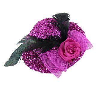 Women Glittery Fuchsia Mini Top Hat Black Feather Bow Tie Decor Hair Clip Health & Personal Care