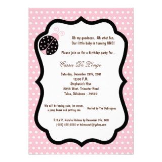 5x7 Light Pink Lady Bug Birthday Party Invite