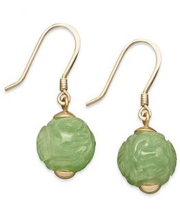 14k Gold Earrings, Jade Carved Bead Drop Earrings   Earrings   Jewelry & Watches