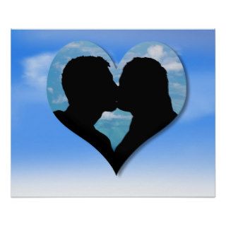Couple Kissing Silhouette with Blue Sky Heart Poster