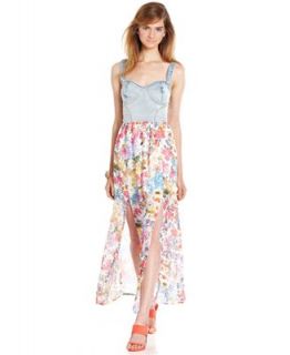 Material Girl Juniors Dress, Sleeveless Denim Floral Print Maxi   Juniors Dresses