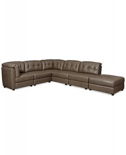 Fabian Leather Modular Sectional Sofa, 6 Piece (2 Square Corners, 3 Armless Chairs, and Ottoman) 147W x 114D x 35H   Furniture