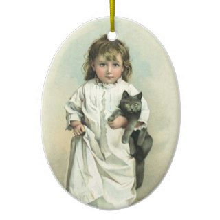 Vintage Victorian Girl in a Nightgown with Her Cat Christmas Tree Ornament
