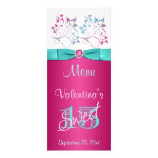 PRINTED BOW Pink, Aqua Floral Sweet 15 Menu Card Custom Rack Card