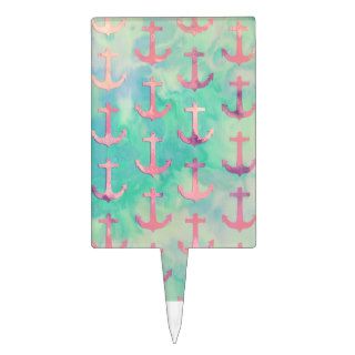 Girly Pink Nautical Anchors Turquoise Watercolor Cake Toppers