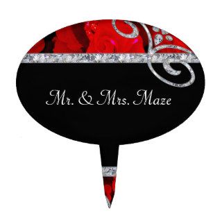 Ruby Red Roses & Diamond Swirls Wedding Oval Cake Picks