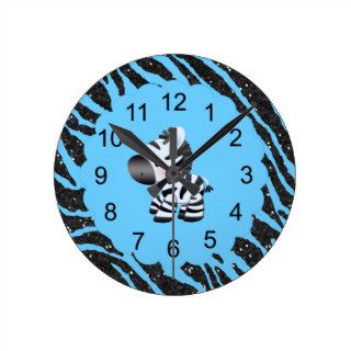 Cute Zebra & Blue & Black Glitter Animal Print Round Clocks