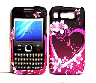Purple Flower Heart Design Rubberized Snap on Hard Skin Shell Protector Cover Case for Nokia E73 + Microfiber Pouch Bag + Case Opener Cell Phones & Accessories
