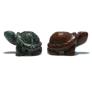 Jasper Turtle 02 Set of 2 Green Red Carved Stone Crystal Healing Figurine Pair (Gift Box)  Statues  