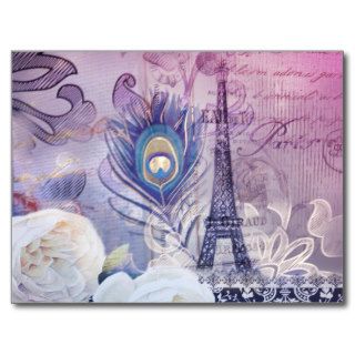 girly  damask peacock feather vintage paris postcards