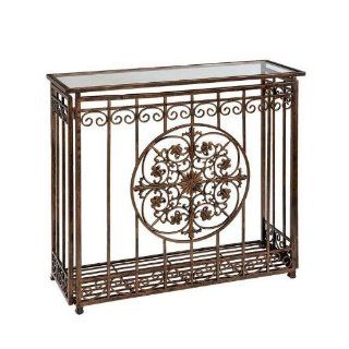 Entryway Console Table Glass Top Medallion Center in Antique Brown   Sofa Tables
