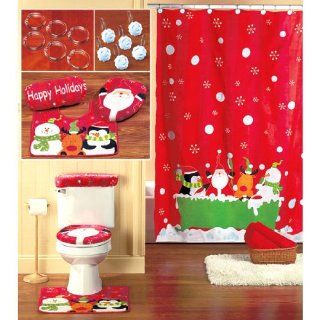 16 piece CHRISTMAS themed Bathroom Set Holiday Reindeer SANTA shower curtain, hooks, toilet lid cover, tank cover & contour rug   Bathroom Accessory Sets
