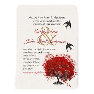 Rustic Heart Leaf Red Tree Love Bird Wedding Announcement