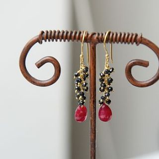 sparkly black spinel and ruby drop earrings by rochelle shepherd jewels