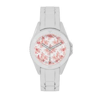 Whimsical Pink Floral Damask with Red Numbers Wristwatch