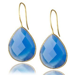 Saachi 18K Gold Clad Faceted Single Drop Gemstone Earrings Blue Chalcedony Jewelry