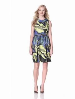 Ellen Tracy Women's Sleeveless Printed Fit and Flare Dress, Blue Leaf, 8