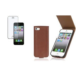 CommonByte Anti Glare Film Guard+Brown Leather Flip Case Skin Pouch For iPhone 5 5G 5th Gen Cell Phones & Accessories