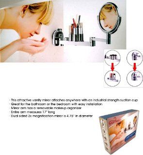 SUCTION CUP DUAL SIDED MAGNIFYING SWING ARM VANITY MIRROR AND ORGANIZER  