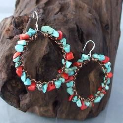 Copper Wire and Cotton Red Coral and Turquoise Earrings (Thailand) Earrings