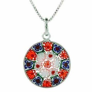 Sterling Silver Round Murano Glass Millefiori Flower Pendant Jewelry