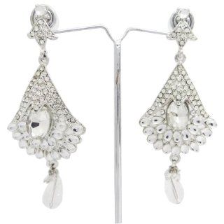 Silver Tone White CZ Indian Earring Set Wedding Party Wear Traditional Dangle Jewelry Jewelry
