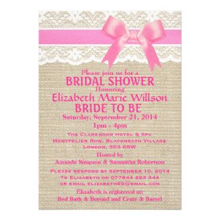 Ivory Lace & Pink Bow, Burlap Bridal Shower Custom Invite