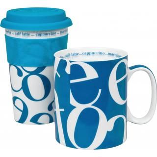 Konitz To Stay/ To Go Blue Script Collage Mugs (set Of 2)