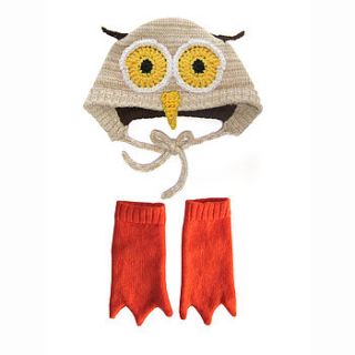 knitted owl hat and booties set by the miniature knit shop