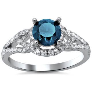 18k White Gold 1.27ct TDW Certified Blue and White Round Diamond Ring Engagement Rings